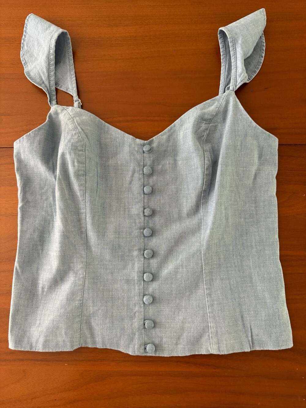 Banana Republic Women's Size S Blue Chambray Button-Front Ruffle Strap Tank Top